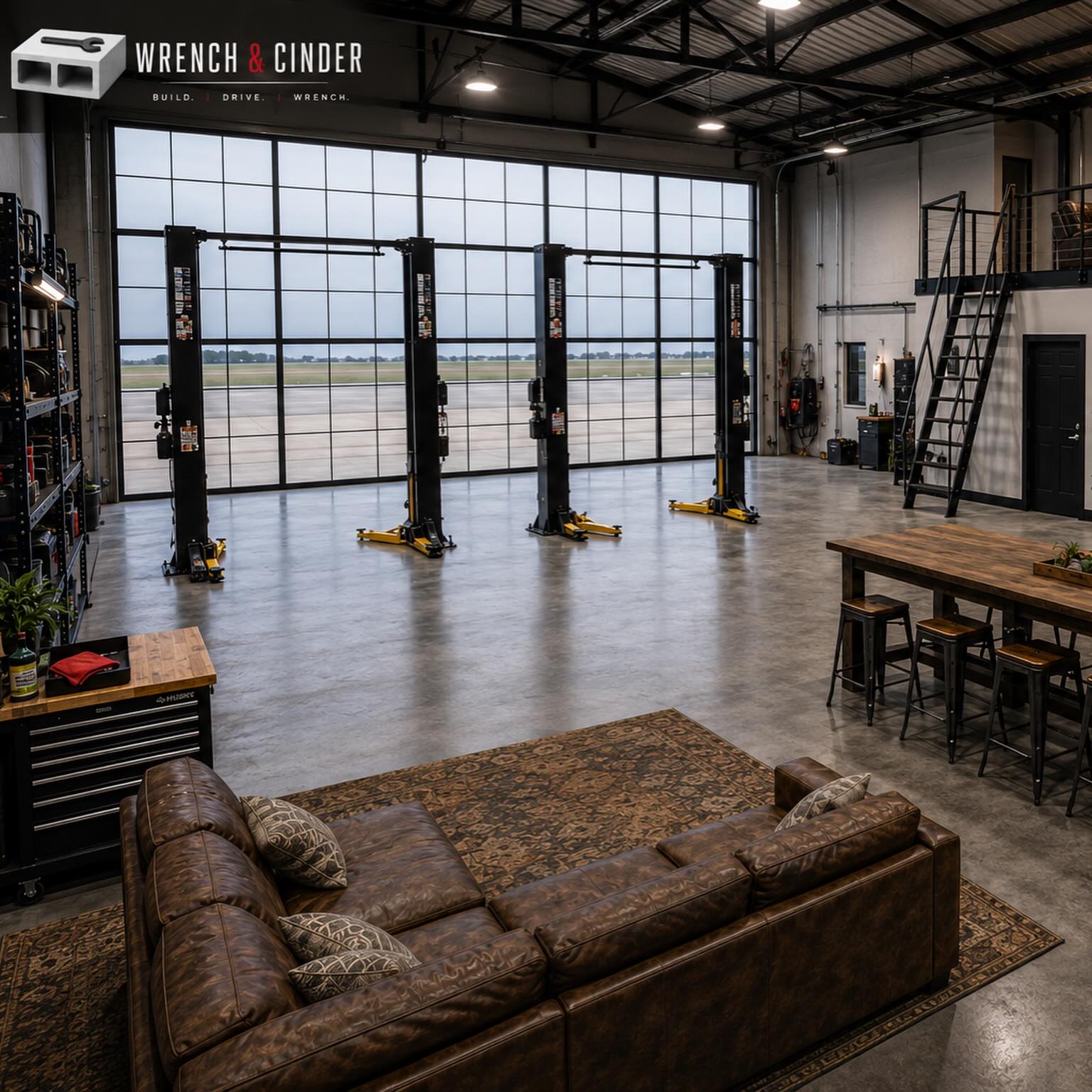 Concept of the Wrench & Cinder shop: a bright industrial garage with three two-post lifts, tool storage, workbenches, and a leather-couch lounge